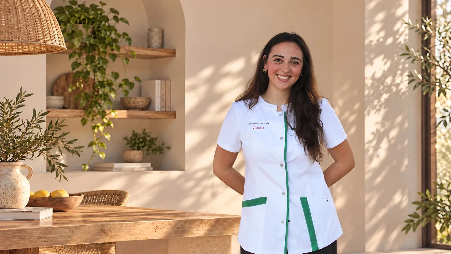 Victoria Sastre, nutricionista clínica, sonriendo en una cocina luminosa