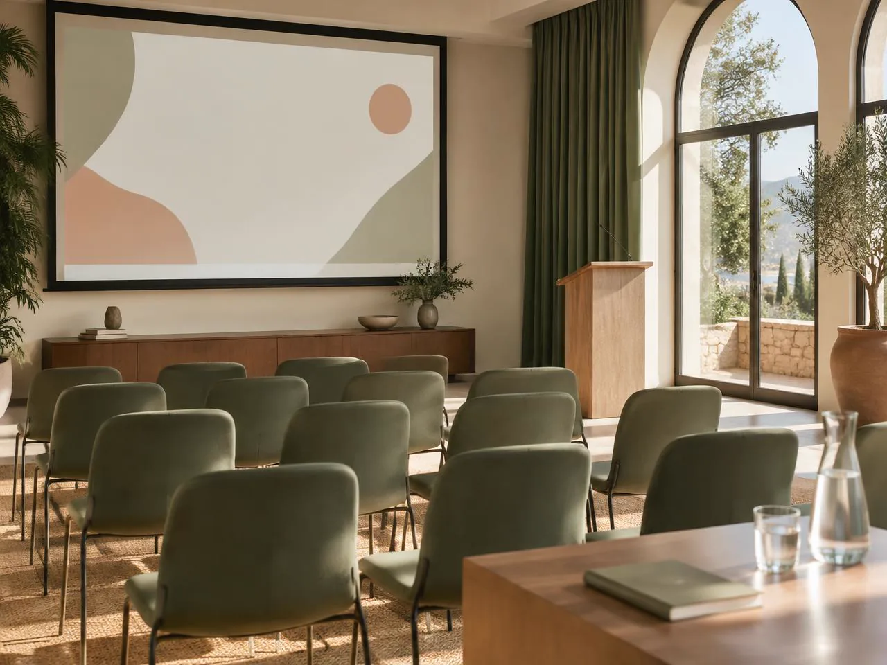Sala mediterránea preparada para una ponencia profesional
