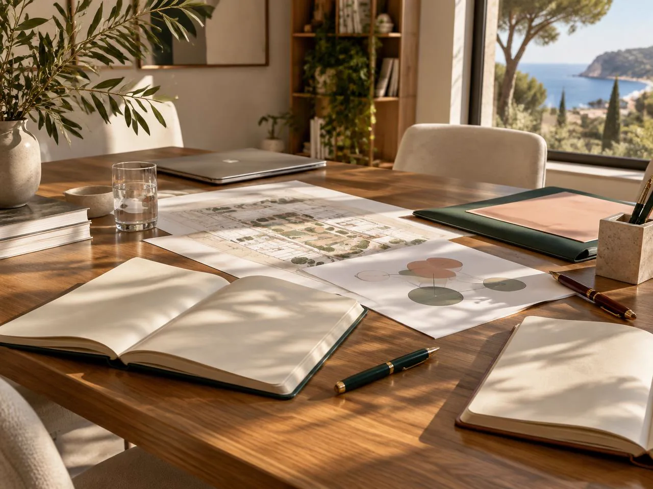 Mesa de colaboración institucional con cuadernos y documentos