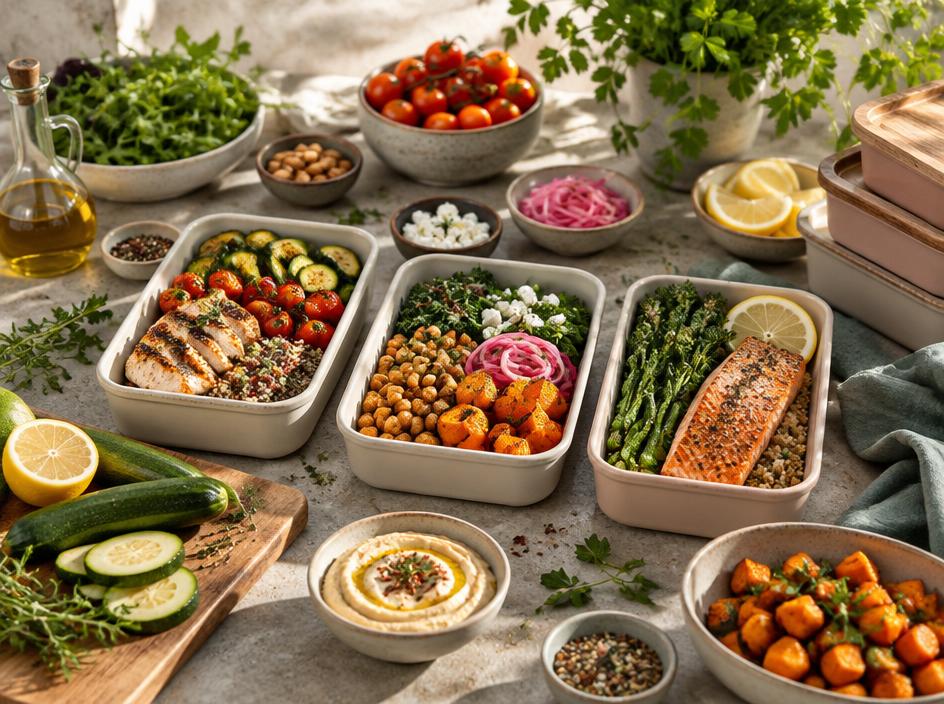 Preparaciones semanales variadas con verduras, cereales y proteínas