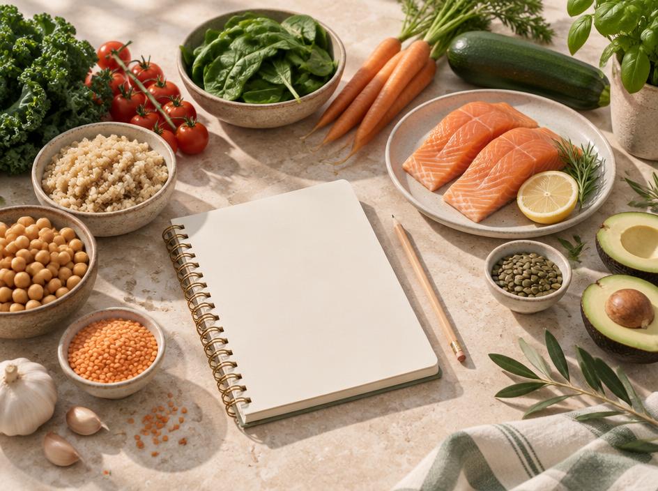 Cuaderno de planificación rodeado de alimentos frescos seleccionados