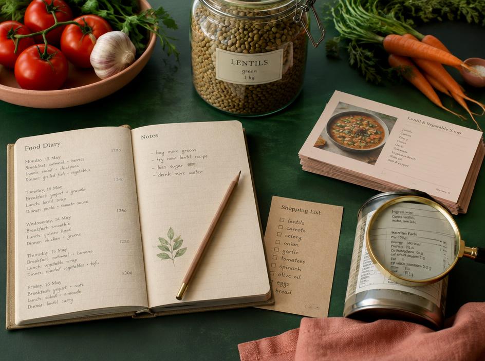 Diario dietético, lista de la compra, recetario y lupa sobre una etiqueta