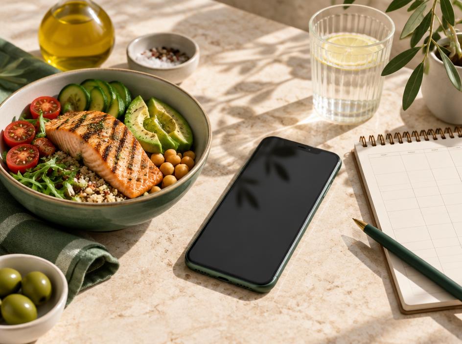 Comida equilibrada, teléfono y agenda semanal para el seguimiento online
