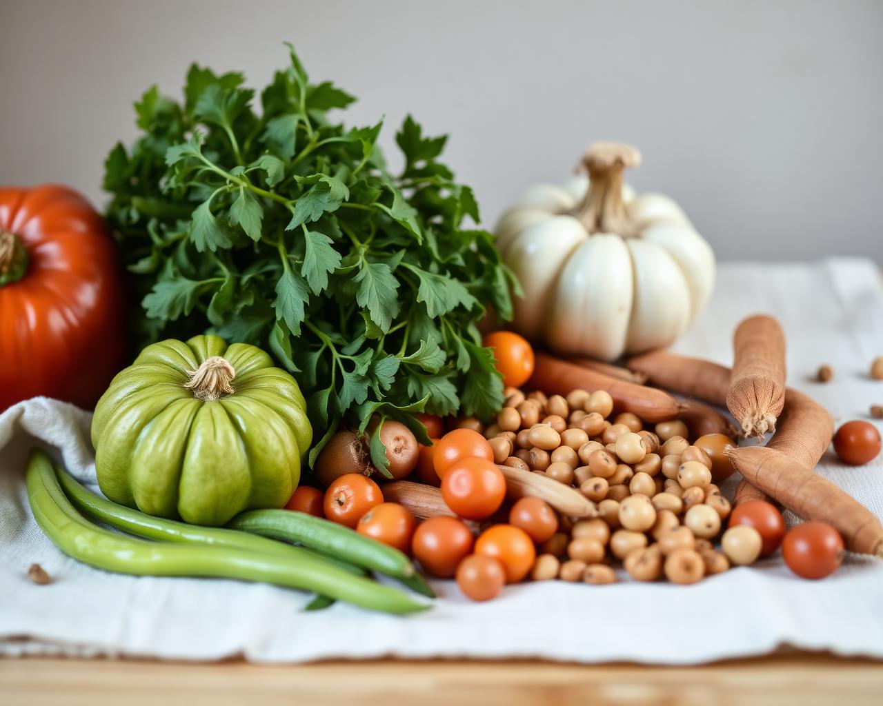 Verduras y legumbres frescas de temporada sobre un mantel de lino