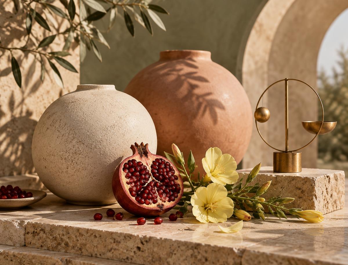 Bodegón de granada, flores y formas cerámicas que evocan equilibrio hormonal